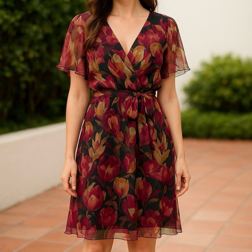 Lauren Ralph Lauren Flutter Sleeve Midi Knee Length Dress Womens Sz 6 Floral